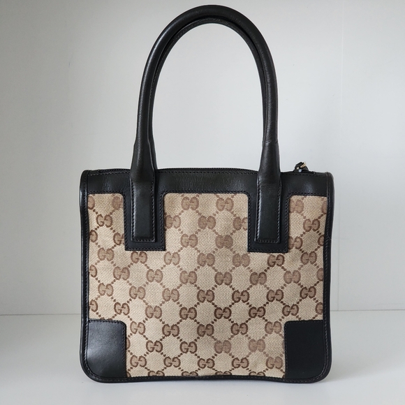 Vintage Gucci GG Supreme Monogram Canvas Brown Leather Mini Zippered Tote Bag - Picture 3 of 16
